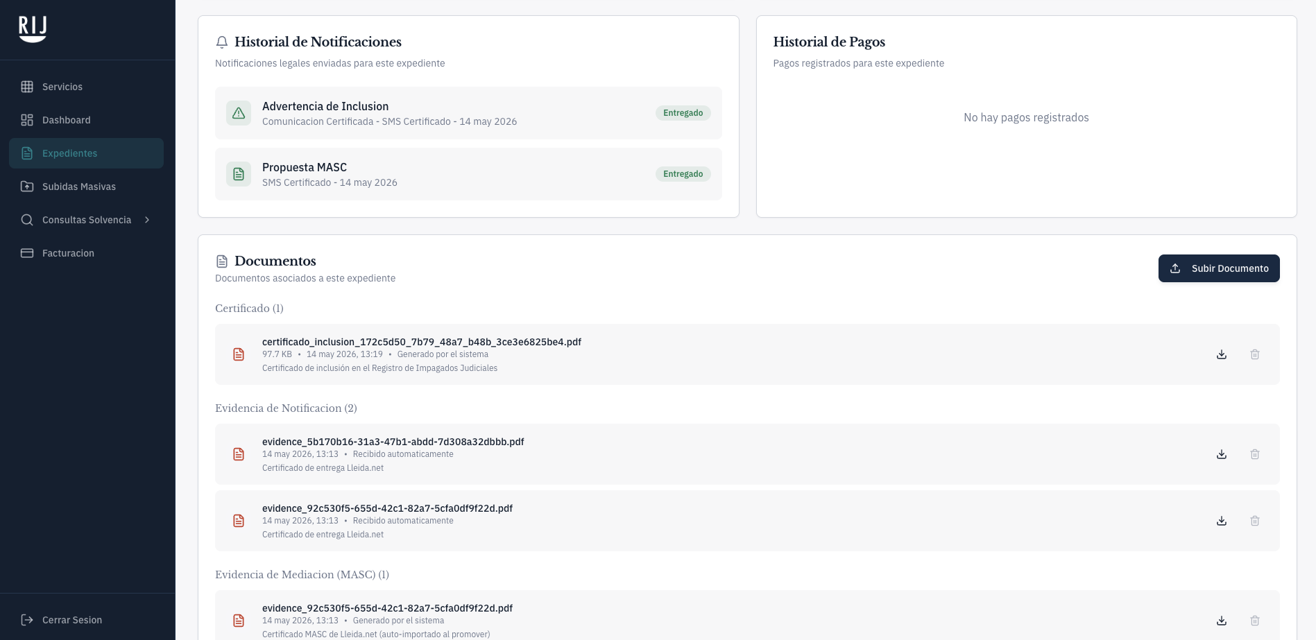Notificaciones certificadas integradas